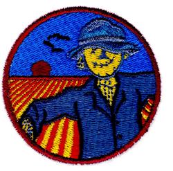 Cartoonish farmer figure with a large hat, colorful striped fields, red barn, and birds in a blue sky.