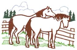 Fenced Horses - 5x7 horse detailed machine embroidery design for cute baby onesies