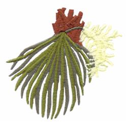 Realistic embroidery of a fern leaf cluster featuring green leaves, brown stems, and soft yellow accents.