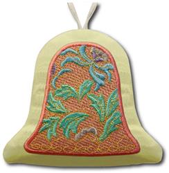Colorful bell with floral patterns in vibrant orange, blue, and green, perfect for festive holiday decor.