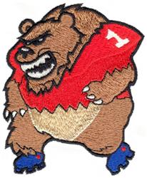 Fierce cartoon bear with brown fur, red jersey, and blue shoes, showcasing vibrant colors and a dynamic pose.