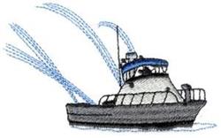 beginner-friendly boat machine embroidery pattern - Fire Boat for kitchen tea towels
