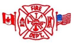 Fire department emblem in bold, traditional style with red thread and detailed firefighter tools, flanked by Canada and USA f