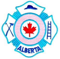 Canadian firefighter emblem with maple leaf, axe, ladder, and 'ALBERTA' text, detailed embroidery for uniforms.