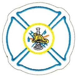 Applique firefighter emblem featuring a vibrant yellow center, fire helmet, crossed tools, and blue outline.