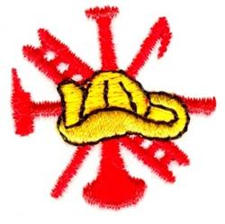 Bold firefighter's helmet in vibrant yellow, crossed axes, and tools on a striking red background.