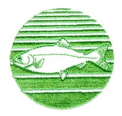 Stylized fish within a circular shape, featuring contrasting green stripes, in a simplistic and bold style.