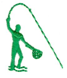 Cartoonish fisherman in green with a fishing rod and round net, vibrant and playful design for embroidery.