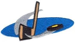Fishing tools with a brown fishing rod, vibrant blue water, and a silver tool in a whimsical cartoon style.