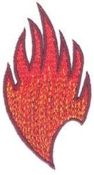 Bold flame design with sharp tips in red and orange, outlined with dark thread; fierce and dynamic.