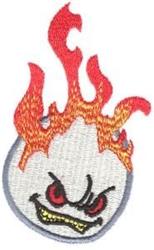 Cartoonish flame-embellished face with an angry expression, adorned with vibrant red and orange flames.