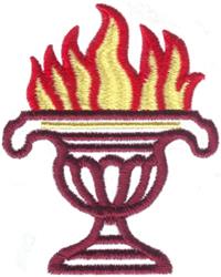 Flaming urn in rich maroon adorned with intricate details, featuring vibrant yellow and red flames. A bold decoration.