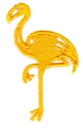 Applique flamingo silhouette in bright yellow thread, playfully standing on one leg with minimalist design.