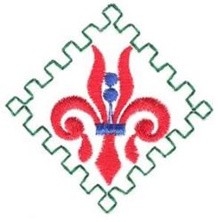 Fleur-de-lis in vibrant red with blue accents, framed by a green zigzag border in a traditional quilting style.
