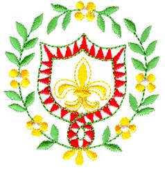 Colorful shield with red border and yellow fleur-de-lis, adorned with laurel leaves and yellow flowers.