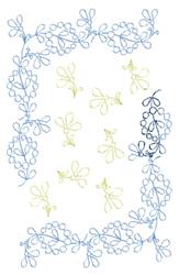 Floral border design featuring delicate blue loops and small green flowers in a whimsical arrangement.