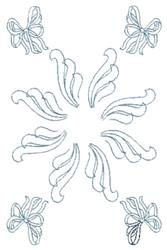 Ornamental bows and floral swirls in a delicate quilting design. Six ornate bows framed by fluid shapes in light blue on whit