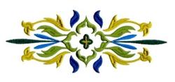 Floral design with symmetrical patterns featuring green leaves, blue and yellow petals in ornamental style.