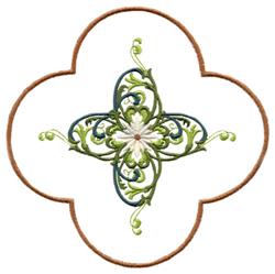 Floral ornamental design featuring a central motif with elegant swirls, in green and blue tones, highlighted by a brown borde
