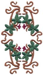 Elegant floral design with green leaves and purple flowers intertwined with brown vines, showcasing intricate details.