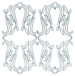 Quilting ornamental design featuring elegant swirling lines and floral motifs in soft blue outlines.