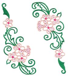 Floral elements with pink flowers and green vines in a whimsical style, perfect for decorative embroidery.