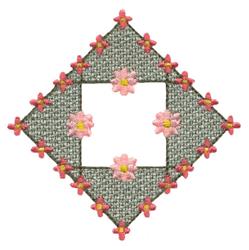 Quilting floral frame design features a diamond shape with woven texture, delicate pink and yellow flowers against a green ba