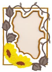 Colorful frame with floral elements, featuring yellow sunflowers and brown vines on a light background.