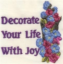 Cheerful text with floral elements: colorful bouquet in blue, pink, and green beside deep purple 'Decorate Your Life With Joy