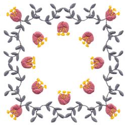 Floral design featuring pink flowers with yellow accents and green leaves, perfect for spring quilting.