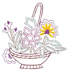 Flower basket filled with colorful blooms and lush leaves, perfect for spring. Whimsical and lively design.