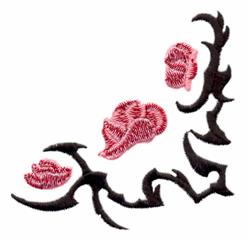 Floral design featuring three red flowers with intricate details on a black curved stem.