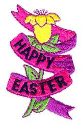 Vibrant flower with pink ribbon reading 'HAPPY EASTER', ideal for festive Spring decor.