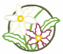 Cheerful flower with white and pink petals and bright yellow centers, surrounded by green leaves. Spring design.