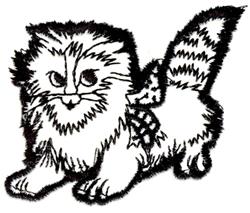 Whimsical cartoon cat with fluffy fur and playful expression, featuring black outlines and a checked accessory.