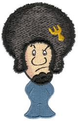 Cartoon character with a large fluffy black hat, simple facial features, and a light blue outfit. Playful design.