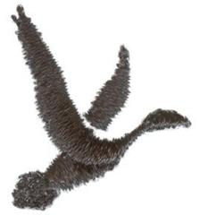 Whimsical flying bird with textured feathers, showcasing dynamic movement in a dark tone, perfect for casual embroidery.