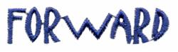 Bold machine embroidery text 'FORWARD' in deep navy blue on a white background, whimsical and dynamic.