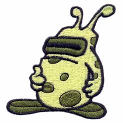 Playful cartoon alien with antennae in green and yellow, smiling expression, perfect for kids' items.