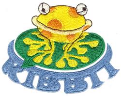 Cartoon frog with yellow body and brown spots, sitting on a green leaf with 'RIBBIT' text below in light blue.