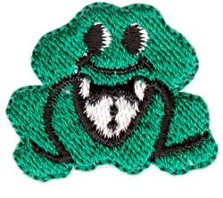 Playful frog design in green with black eyes and a smiling mouth, perfect for machine embroidery.