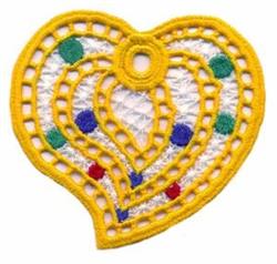 FSL heart shape embroidery with a bright yellow outline, colorful dots, and a white lace background, perfect for Valentine's