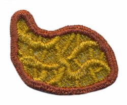 FSL leaf shape in vibrant golden yellow thread with a rich brown border, featuring intricate texture.