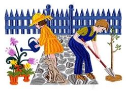 Two gardeners, a man and woman, joyfully tending colorful potted flowers in spring near a blue picket fence, with a playful d