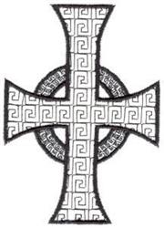 Geometric cross with intricate patterns and a circular core, featuring black outlines on a lighter background.