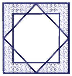 Geometric design featuring a hexagon outlined in two blue squares, with a simple and clean aesthetic.