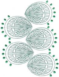 Geometric leaf shapes with intricate lines, balanced composition, and vibrant green dots in a modern style.