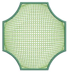 Geometric decorative design featuring an octagonal shape with a green outline and a net-like pattern within.