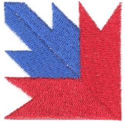 Geometric design featuring bold red and blue triangular shapes, modern style with dynamic energy, suitable for quilting.