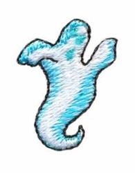 Playful white ghost with light blue accents and black outline, perfect for Halloween embroidery projects.